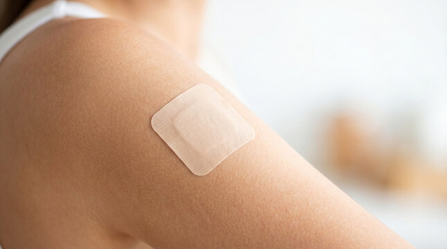Contraceptive patch on skin of young woman with natural background  
