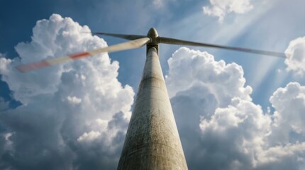 Fototapeta premium Low angle view of wind turbine against dark stormy clouds with sun rays and rainbow