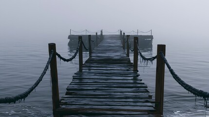 Fototapeta premium Solitude on a weathered pier evokes quiet reflection amidst a misty grey ocean landscape