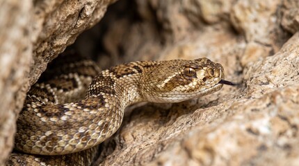 Obraz premium A close-up photo of a snake peeking out from a rocky crevice in the desert.