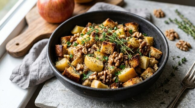 Delicious homemade and walnut stuffing served in a rustic dark bowl, perfect for holiday meals.