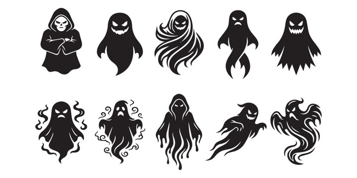 Collection of spooky ghost and grim reaper silhouettes for halloween