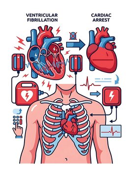 Infographic explaining ventricular fibrillation and cardiac arrest