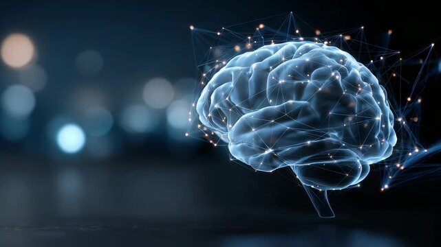 Glowing digital brain with interconnected neural pathways represents artificial intelligence, innovation, futuristic technology. Abstract network nodes highlight scientific advancement, connectivity
