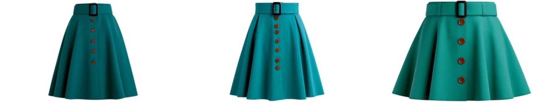 Teal green skirts with buttons and belt loops on transparent background