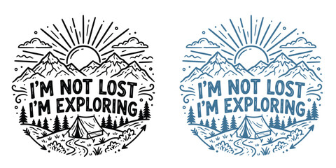 Obraz premium Adventure awaits two line art designs featuring mountains forest tent and motivational quote for outdoor enthusiasts