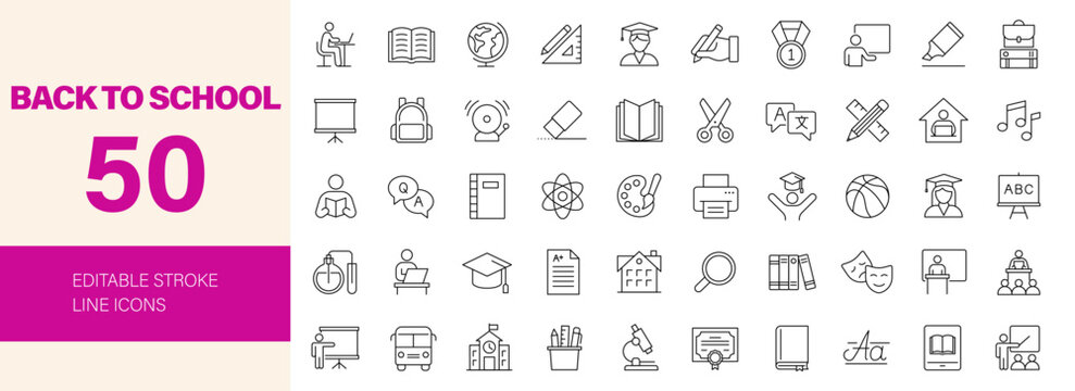 Back to school icon set. Editable line icons. Vector illustration.