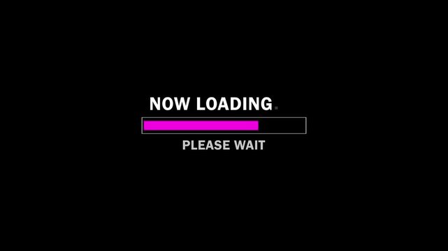 now loading please wait bar process animation, loading bar 0-100 on black background.