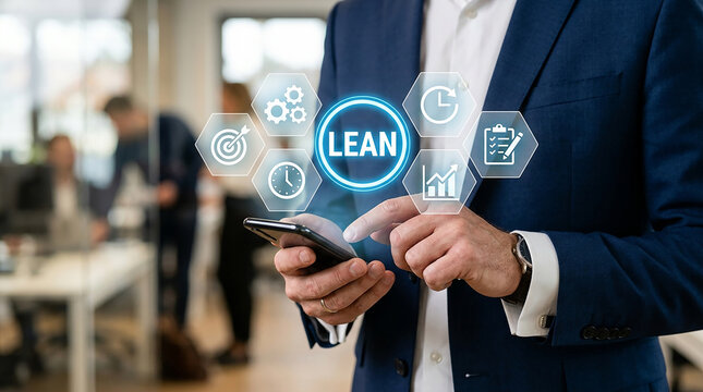 Lean Management Concept: A businessman using a smartphone, with holographic icons representing lean management principles like efficiency, goals, and continuous improvement.