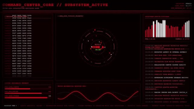 Command Center Core Quantum Histogram Node Topology Dashboard Animation Red Cyber Loop.
