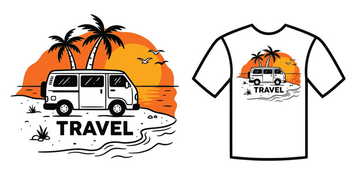 Vintage travel design featuring a classic vw camper van silhouette against a sunset with palm trees ideal for apparel mockups