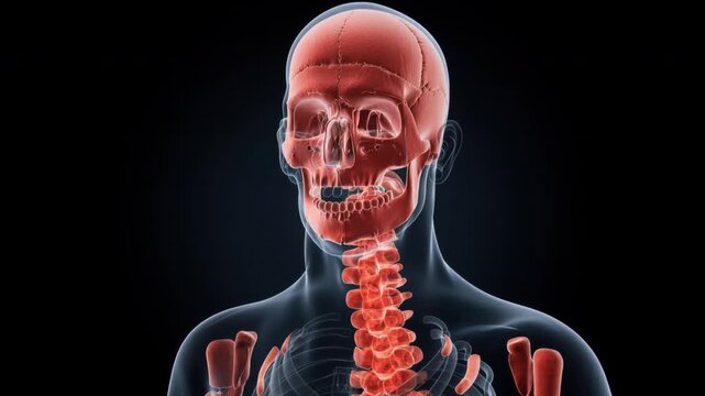 Detailed medical illustration of human skull and cervical spine anatomy showing bones and vertebrae in transparent grayscale profile with red highlighted structure