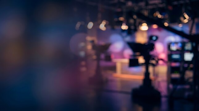 Blurred interior of a modern television studio with broadcast cameras