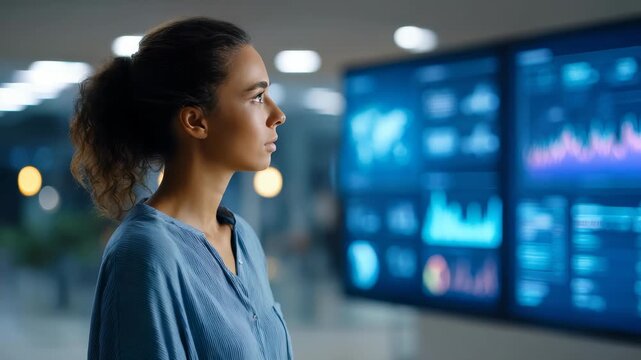 Professional woman stands in front large digital displays showing colorful analytics, graphs. Scene highlights innovation, data driven decision making, future technology in business