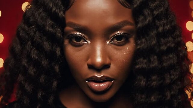 Close-up of Black woman with crimped hair and silver glitter eyeshadow, wearing black sequin top against red background with bokeh light strings and festive holiday atmosphere.