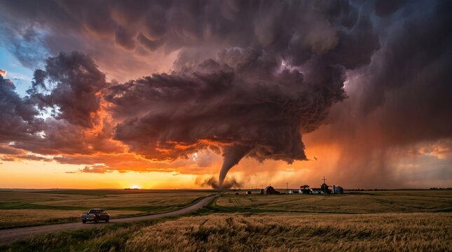 Powerful Tornado Storm Over Open Plains, Dramatic Supercell Thunderstorm, Extreme Weather Landscape, Nature Force and Atmospheric Phenomenon Photography, 4K image 