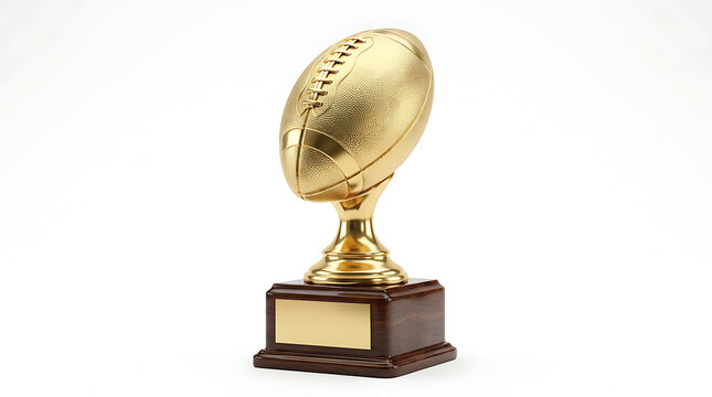 A golden trophy with a rugby ball on a wooden base award