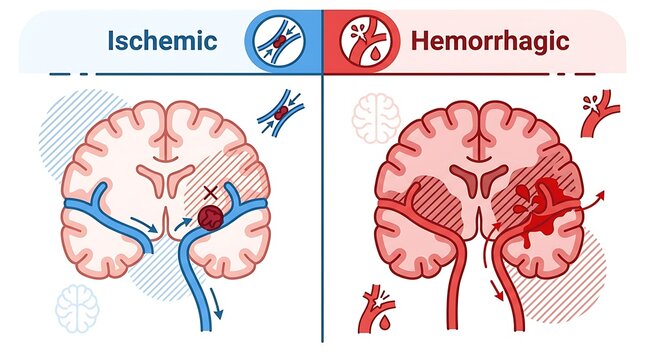 Ischemic and hemorrhagic stroke comparison medical diagram
