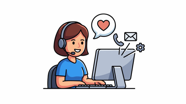 Cartoon operator with headset at computer receiving communications and positive feedback