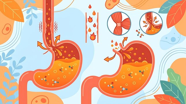 Diagram of stomach acid reflux and heartburn mechanism
