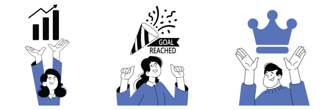 People Achieving Success and Reaching Goals Illustration Set