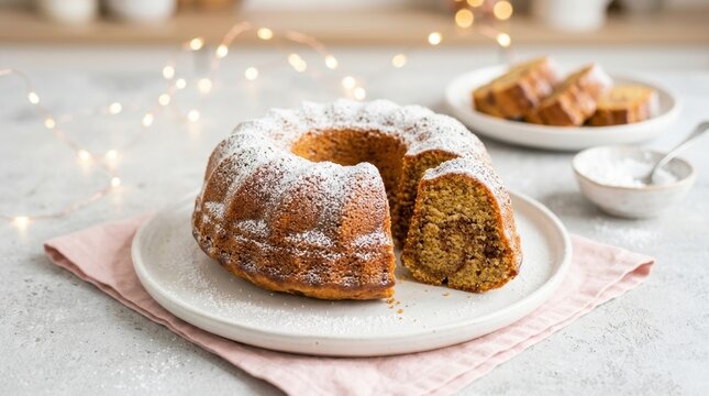 Delicious Homemade Marble Bundt Cake Dusted with Powdered Sugar Served on a White Plate with Fairy Lights Bokeh Background for Festive Celebration
