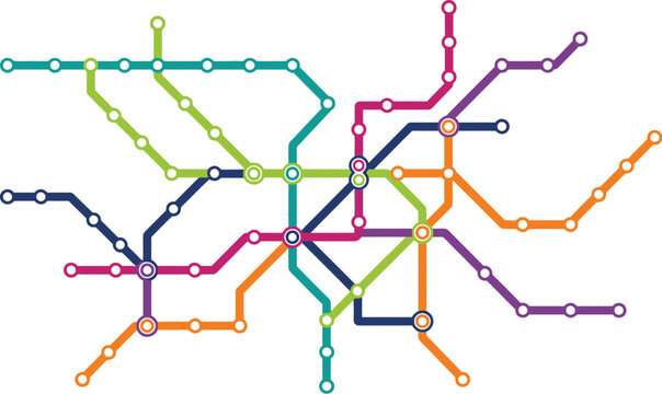 Subway map lines intersect in a complex network of public transportation routes.