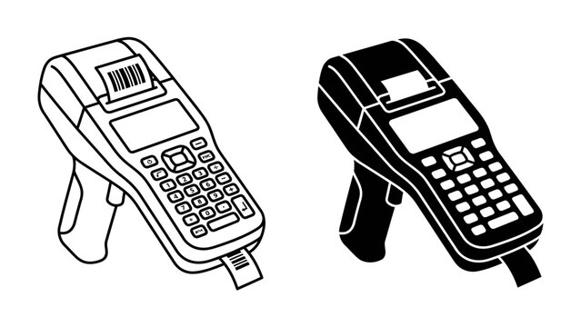 Portable Barcode Scanner: A handheld barcode scanner with a built-in receipt printer, shown in both outline and solid black versions for versatility in design.