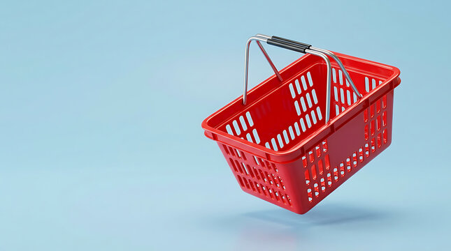 A red shopping basket floats in mid-air against a light blue background.