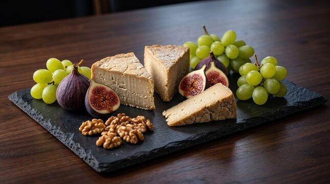 Gourmet Cheese Platter with Fresh Grapes Figs and Walnuts on Slate Board