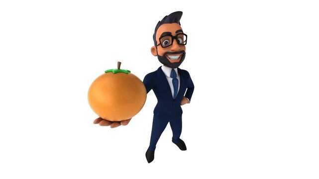 3D cartoon businessman man with oranges holding orange fruits, smiling character illustration vector design, sporty funny style