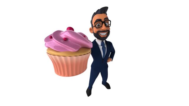 Cartoon businessman character with glasses celebrating happy birthday cake, fun 3D vector illustration, business icon design, security themed boy guy person