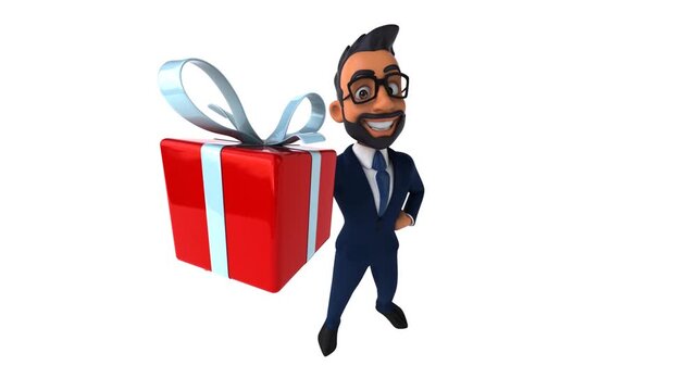 Cartoon businessman with glasses smiling holding gift box, vector illustration of business character, 3D style icon design of happy man with present