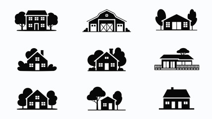 Residential house and real estate black icons set featuring countryside cottages suburban villas family homes farm barn and trees © REBEKA