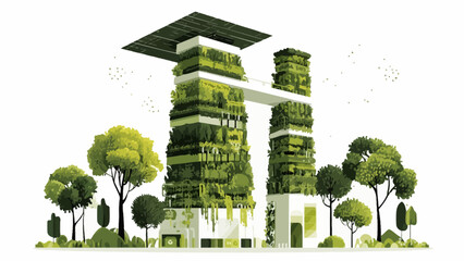 A modern eco-friendly building covered in lush green vegetation stands in a park © bak