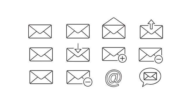 Email envelope icons set with plus minus and at symbols against white background