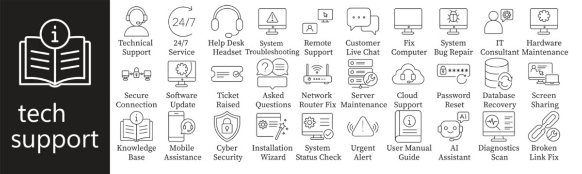 Tech support and IT service solid icon set. Featuring help desk, remote support, cyber security, cloud support, and technical support. Editable vector glyphs for corporate IT and business reports.
