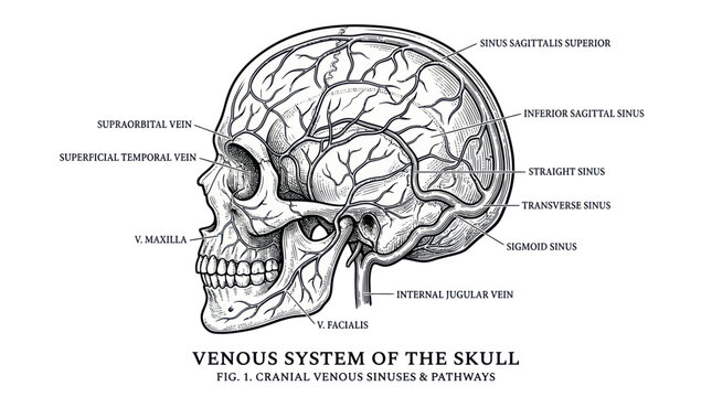 Human skull anatomy showing cranial venous sinuses and pathways