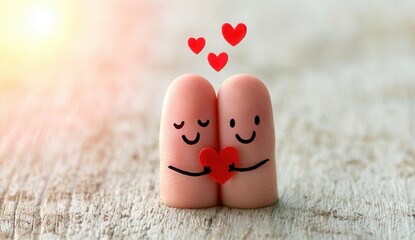 Fototapeta premium Two finger puppets hold a heart with smiling faces and hearts above them for love and friendship concept