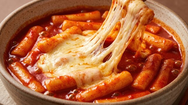 Spicy Korean Tteokbokki Rice Cakes with Stretchy Melted Cheese