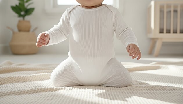 Hispanic baby wearing a blank white coverall resting on soft organic linen bedding