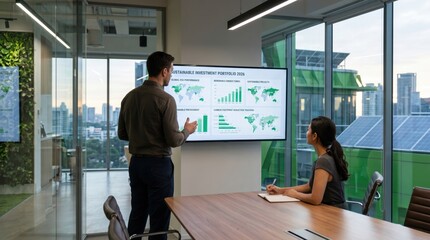 Fototapeta premium Business team analyzing sustainable investment portfolio charts on large screen in modern office, corporate finance meeting, green economy strategy discussion