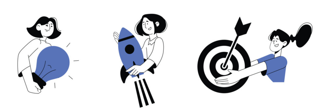 Business Women with Success Symbols Elements Set