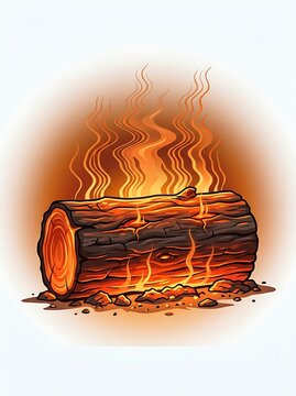 Glowing wooden log with stylized orange flames and smoke on white