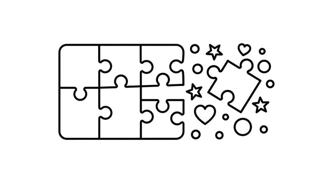 Simple line drawing of a puzzle with missing pieces, hearts, stars and circles