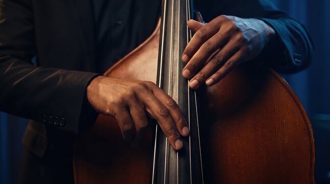 Professional musician hands playing strings of a large wooden upright double bass