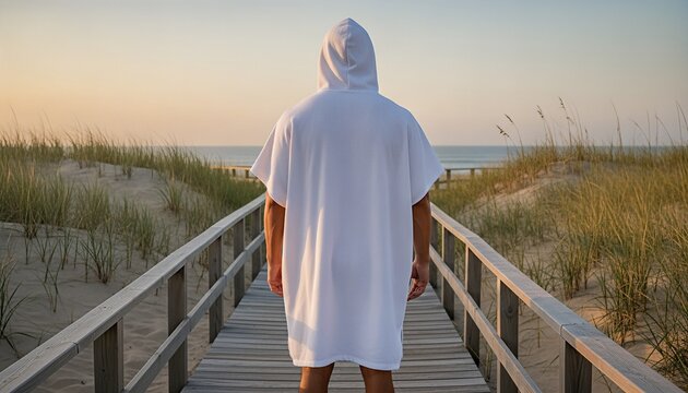 Hispanic man wearing a blank white hooded poncho robe standing on scenic coastal sand dunes