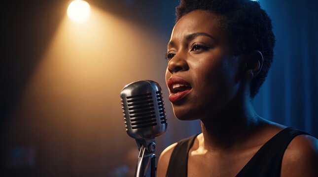 Black woman singing jazz into vintage microphone on stage