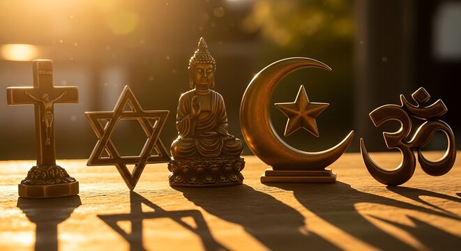 Religious Symbols and Spiritual Artifacts in Sunset Light.