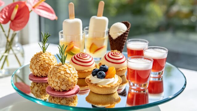 Elegant glass platter with assorted gourmet desserts including fruit tarts, almond cakes, popsicles, ice cream cone and refreshing berry drinks